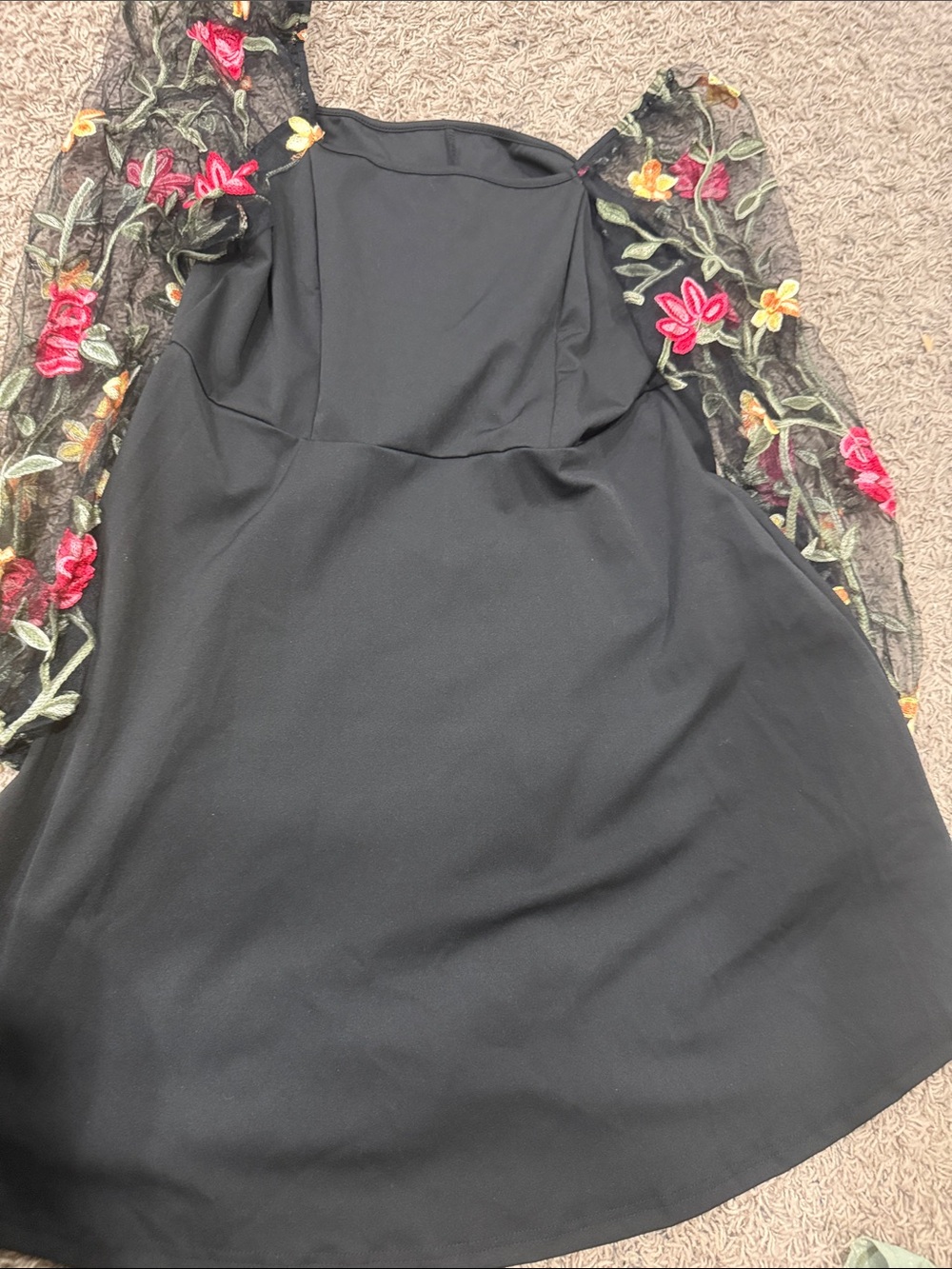 Black Dress with Embroidered Floral Sleeves